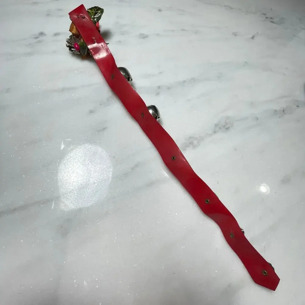 Vintage Sleigh Bell Door Hanger Red Vinyl Strap Jingle MCM Christmas Pinecones